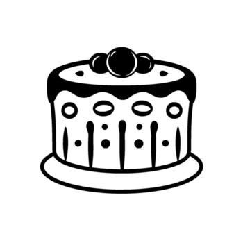 Black and white cake illustration with circular and oval decorative patterns, topped with cherries and resting on a plate. vector