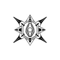 Symmetric Black and White Illustration of a Geometric StarLike Shape, Featuring Sharp Spikes and Central Detailed Ornamentation. vector