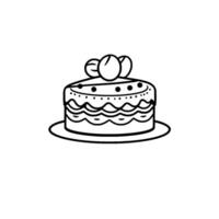 Simple black and white line art illustration of a layered cake with decorative dots and wavy accents, topped with three decorative elements, sitting on a plate. vector