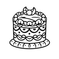 Intricate Black and White Illustrated Cake with Ornate Floral and Dot Pattern, on a Round Decorative Stand. vector