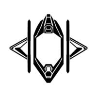 Symmetric Black and White Geometric Featuring an Abstract SpacecraftLike Hexagonal Frame with Arrowlike Elements and Vertical Bars, on a White Background. vector