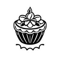 Bold Black and White Cupcake Illustration with Floral Frosting and Ornate Base on a White Background. vector