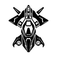 A symmetrical, bold, black and white illustration of a futuristic spacecraft , featuring sharp angles and geometric forms. vector
