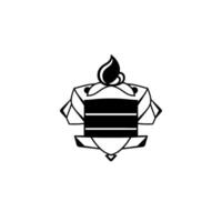 Minimalist Black and White Depicting a Layered Cake with a Stylized Flame and Geometric Decoration on a White Background. vector