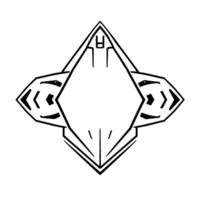 Geometric, symmetrical, abstract featuring a central diamond shape, flanked by stylized wings, rendered in crisp black lines on white background. vector