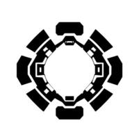 Geometric, symmetrical black and white featuring a circular, techinspired pattern with square and rectangular components and a central void, reminiscent of a futuristic interface. vector