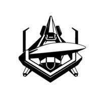 Bold, abstract black and white of a stylized, geometric spacecraft or emblem with a futuristic, angular . vector