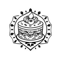 Decorative Black and White Illustration of a Layered Cake with Swirl Details, Topped with Berries, Enclosed in a Mandalalike Floral Frame. vector