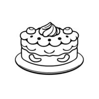 Whimsical, BlackandWhite Cartoon Cake Smiling and Featuring Icing, Cherries, and Decorative Cashews on a Plate, Isolated on White. vector