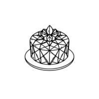 Geometric Cake Illustration Black and white ink drawing of a round cake with a polygonal , topped with stylized leaves, on a circular plate. vector