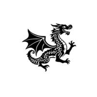 Silhouette of a fearsome, stylized dragon, with intricate patterns, wings spread, midleap against a blank, white background. vector