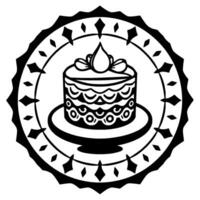 Elegant black and white cake , showcasing a tiered cake adorned with decorative patterns and a central droplet, framed by a detailed circular border. vector