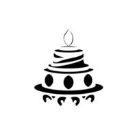 A minimalist, blackandwhite, tiered cake illustration with a single flame on top, featuring a decorative base and circular details. vector
