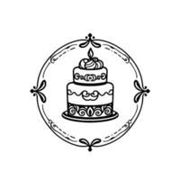 Elegant, symmetrical black and white illustration of a layered cake with intricate ornate details, within a decorative circular frame. vector
