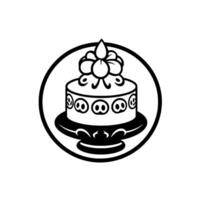 Elegant black and white illustration of a round cake adorned with a flowerlike embellishment, set within a circular frame. vector
