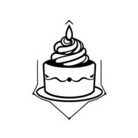 Black and white minimalist illustration of a birthday cake with a single candle, perched on a plate within a frame. vector