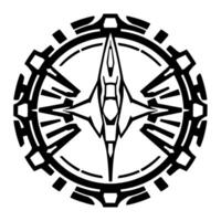 Intricate, Geometric Black and White Stylized Compass or Starburst Within a Circular, GearLike Frame, Abstract and Bold. vector