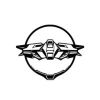 Symmetric Monochrome Spaceship Emblem Within a Circle, Featuring Angular and Futuristic Aesthetic. vector