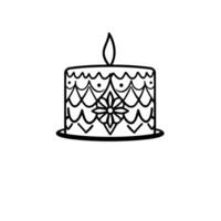 Intricate blackandwhite line art illustration of a square cake adorned with ornate patterns, a central floral , and a single lit candle. vector