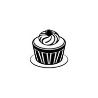 illustration of a stylized cupcake, black and white, featuring a swirl of frosting and a cherry on top, served on a minimalist plate. vector