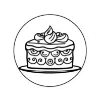 Monochromatic, Illustration of a Decorated Cake Slice on a Plate Inside a Circle, Featuring Swirls and Icing. vector