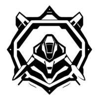 Abstract Black and White Geometric Cybernetic Mech, Featuring a Symmetrical Armored and a StarShaped Border. vector