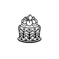 Intricate Black and White Illustration of a TwoTiered Cake with Ornamental Floral Decorations on a White Background. vector