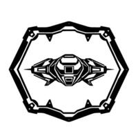 Futuristic Starship Inside a Geometric Hexagonal Frame, Monochrome Silhouette Style. vector