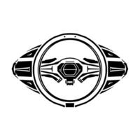 Stylized Black and White Depiction of a Futuristic Steering Wheel, with Geometric Shapes and Symmetrical . vector