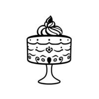 Minimalist Line Art Illustration of a Layered Cake on a Stand Decorated with Swirls, Dots, and Floral Motifs. vector
