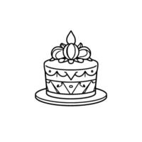 Detailed black and white line drawing of a layered cake with ornate patterns, topped with decorative elements, set on a plate. vector