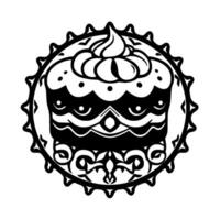 Intricate Black and White Circular Featuring a Decorated Cake with Ornate Details Inside a Decorative Border. vector