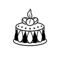 A minimalist black and white illustration of a round dessert cake adorned with nuts and a single leaf, on a white background. vector