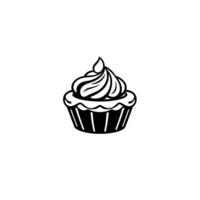 Bold Black and White Cupcake Illustration Minimalist with Swirls of Frosting and Elegant Lines, Isolated on White. vector