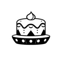 Stylized Black and White Cake on a Plate, Decorated with Dots, Waves, and a Single Cream Swirl on Top. vector