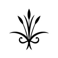 Intricate black and white floral featuring stylized reeds and decorative scrolls on a clean white backdrop. vector