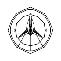 Minimalist Black and White Geometric Featuring a Central ArrowLike Symbol Within a Multifaceted Polygon and Circle Composition. vector