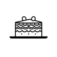 Simple black and white of a square layer cake decorated with scallops, dots, and two round toppers, on a plate. vector
