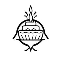 Elegant Black and White Line Art Cake with a Lit Candle and Decorative Elements on a White Background, Suitable for Logos. vector