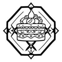 illustration of a twotiered cake with a stylized floral topping, set within an octagonal geometric frame. vector