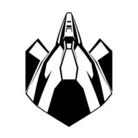 A symmetrical, black and white illustration showcasing a stylized, futuristic spacecraft or structure with geometric shapes on a white background. vector