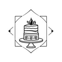 Minimalist Monochrome Illustration of a Tiered Cake on a Pedestal Plate, Enclosed within Geometric Frame with Decorative Leaf Top vector