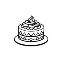 Simple Black and White Illustration of a TwoLayered Cake with Creamy Topping and Decorative Elements, Set on a Round Plate. vector