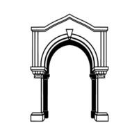 A symmetrical, minimalist architectural illustration of a classical archway in stark black and white, featuring detailed pillars and decorative elements, creating a sense of antiquity. vector