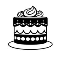 A , monochrome illustration of a threetiered cake featuring frosting swirls, scalloped edges, and dot details, set on a serving plate. vector