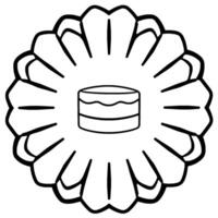 A black and white, minimalistic illustration of a layered cake placed centrally inside a stylized floral with petallike outer edges. vector