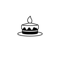 Minimalist Black and White Illustration of a Layered Cake with a Single Lit Candle on a Plate, Isolated on White Background. vector