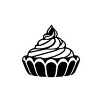 Intricate Black and White Line Art Illustration of a Fancy Cupcake with Swirled Frosting in a Decorative Cup, Isolated on White. vector