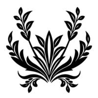 Symmetrical Black and White Floral Crest Elegant Arrangement of Leaves and Branches in a Decorative, Simplified, Stylized Pattern. vector
