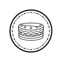 Circular minimalist line art illustration of a layered cake, within a circle with diamondshaped border, on a white background. vector